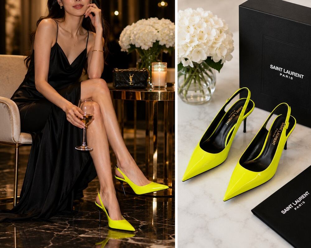 Saint Laurent Paloma Slingback Pumps Neon Yellow Patent Leather EU39 NIB - Picture 1 of 12